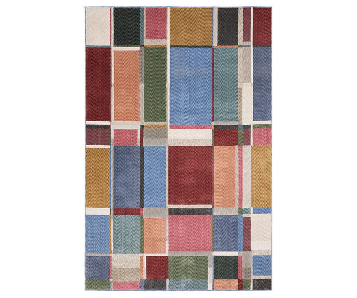 The Oriental Weavers Tisdell / TIS05 Rug showcases a geometric pattern of various rectangles and squares in vibrant multi-colored shades, separated by crisp white borders. Crafted from space-dyed polyester for rich color depth and texture, this durable area rug adds a touch of modern abstract design to any space.