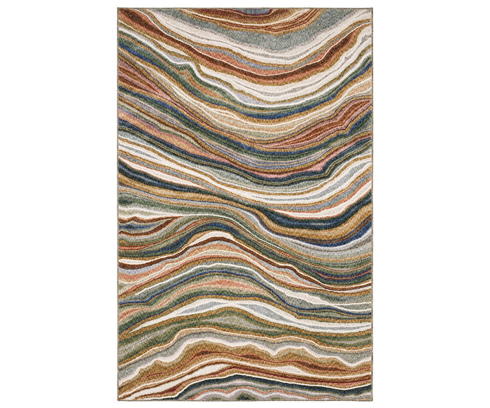 The Oriental Weavers Tisdell / TIS07 Rug in Multi showcases wavy, layered lines in shades of brown, green, orange, blue, and cream. Inspired by natural geode or agate patterns, this modern abstract area rug is crafted from durable space-dyed polyester for lasting style.