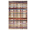 The Oriental Weavers Tisdell / TIS08 Rug in Multi features a geometric, abstract pattern of intersecting horizontal and vertical stripes in beige, purple, red, blue, and green. Crafted from space-dyed polyester for vibrant color and enhanced durability, this modern area rug brings resilience and contemporary style to any room.