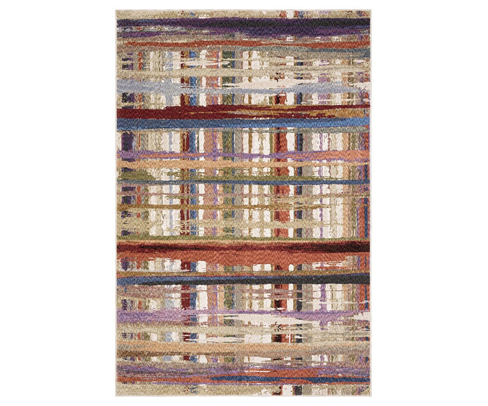 The Oriental Weavers Tisdell / TIS08 Rug in Multi features a geometric, abstract pattern of intersecting horizontal and vertical stripes in beige, purple, red, blue, and green. Crafted from space-dyed polyester for vibrant color and enhanced durability, this modern area rug brings resilience and contemporary style to any room.