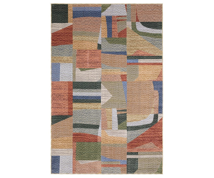 The Oriental Weavers Tisdell / TIS09 Rug is a rectangular, space-dyed polyester rug in a multi-color palette featuring muted shades of red, green, blue, yellow, and beige. Showcasing an abstract patchwork design with geometric shapes and overlapping lines, this modern and durable rug is a stylish accent for any room.