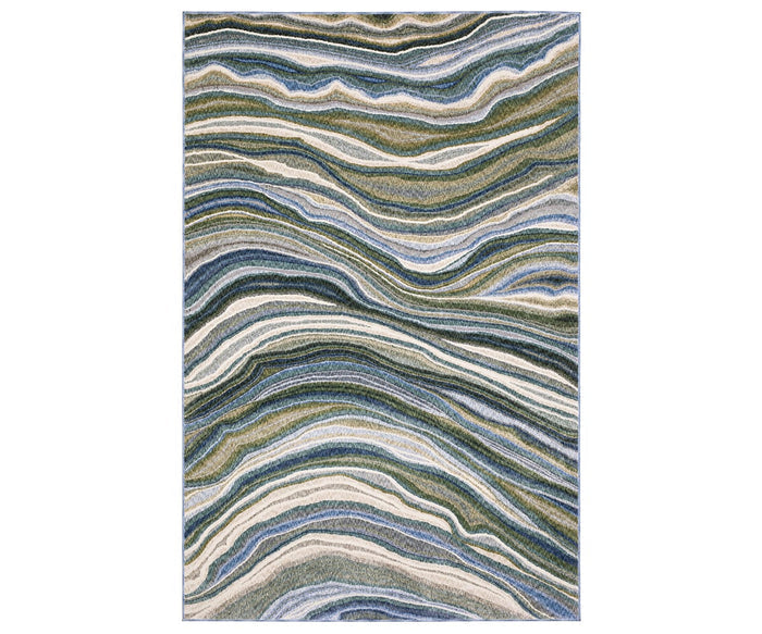 Add the product data as requested: The Oriental Weavers Tisdell / TIS10 Rug features a modern abstract design with wavy, layered lines in green, blue, gray, beige, and white tones that resemble natural stone or marble patterns. Crafted from space-dyed polyester for exceptional color depth and texture, this multi-colored rug is both stylish and durable—making it an ideal choice for contemporary living spaces.