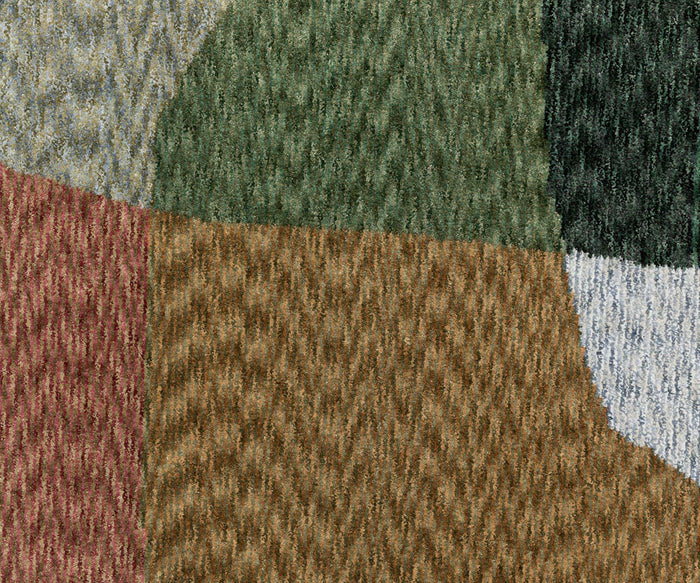 The Oriental Weavers Tisdell / TIS11 Rug features a textured fabric with an abstract patchwork pattern, reminiscent of modern abstract rugs. It showcases sections of green, beige, brown, red, and black colors—each area offering a woven surface with a slightly rough feel.