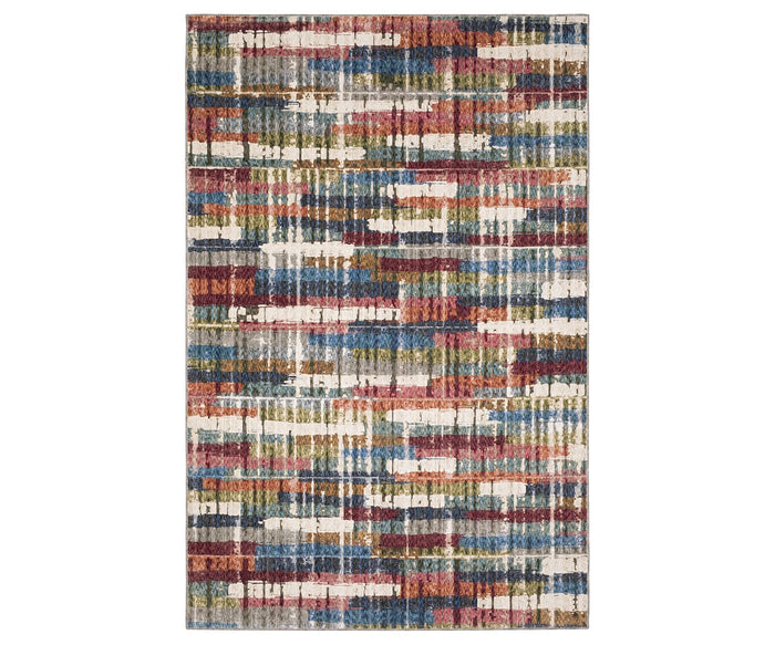 The Oriental Weavers Tisdell / TIS12 Rug features a multi-colored, abstract pattern of intersecting horizontal and vertical lines in red, blue, yellow, green, gray, and white tones for a modern textured look. Crafted from space-dyed polyester for enhanced vibrancy and durability, this contemporary area rug is a stylish and resilient addition to any modern living space.
