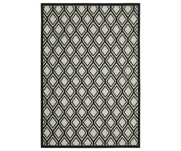 The Oriental Weavers Torrey / 4151G Rug features a rectangular shape with a repeating diamond pattern in black and multi-colored tones, bordered by a solid black edge. Evenly spaced diamonds create a geometric, modern aesthetic that complements neutral palettes and pairs well with subtle abstract motifs.