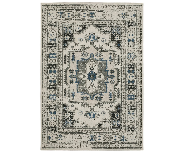 The Oriental Weavers Torrey / 5561H Rug is a rectangular piece from the Torrey Collection, showcasing a traditional ornate pattern in multi-colored shades on a light background. Its design features symmetrical, intricate details, abstract motifs, and a central medallion for a timeless aesthetic with subtle layered texture.