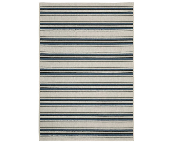The Oriental Weavers Torrey / 5571Y Rug is a rectangular area rug in a versatile multi-color palette, featuring a cream background accented by evenly spaced horizontal stripes in navy blue, black, and gray. Subtle abstract motifs and dynamic texture enhance its visual interest.