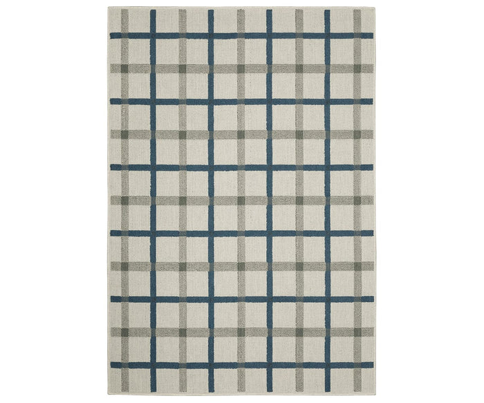 Introduce understated elegance to your space with the Oriental Weavers Torrey / 7150H Rug in Multi, a rectangular flatwoven rug displaying a beige background and an evenly spaced grid of intersecting blue and gray lines—ideal for incorporating subtle neutral tones into any room.