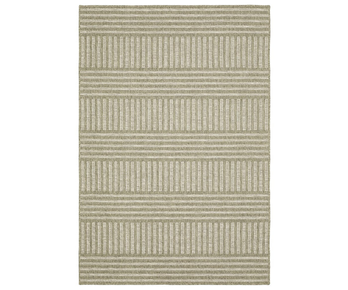 The Oriental Weavers Tortuga / TR02A Rug is a rectangular area rug in a beige/multi color palette, showcasing horizontal stripes and small geometric patterns in alternating bands. Made from easy-care polypropylene, this rug combines lasting durability with stylish design for any room.
