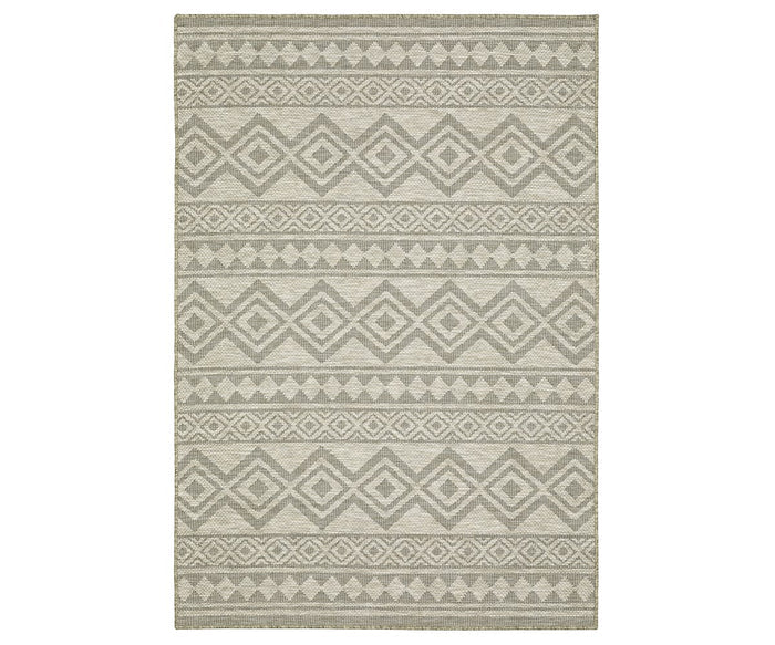 The Oriental Weavers Tortuga / TR03A Rug in Beige/Multi features a repeating geometric diamond and triangle pattern in symmetrical horizontal rows, creating a textured woven appearance for easy care.