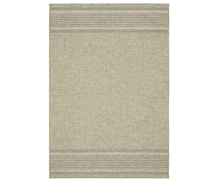 The Oriental Weavers Tortuga / TR07A Rug in Beige/Multi is a rectangular, woven polypropylene rug from the Tortuga Collection. It features neutral tones with two thicker horizontal bands near each short end, and an easy-care design with a subtle diamond pattern in the center.