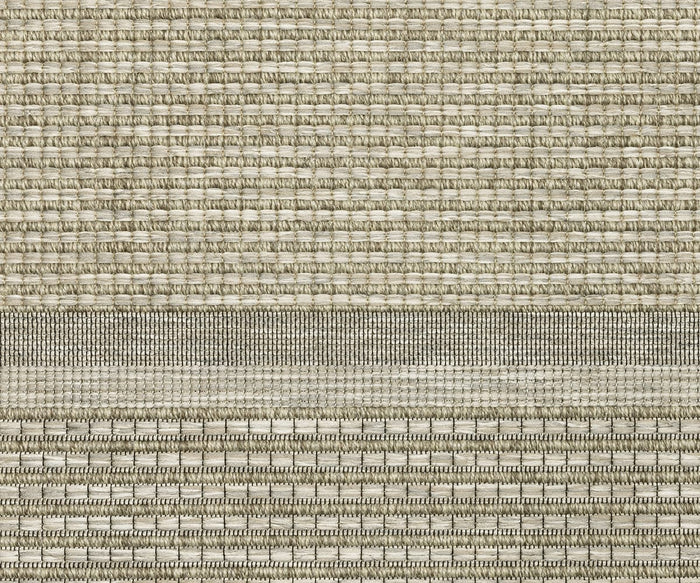 Close-up of the Oriental Weavers Tortuga / TR07A Rug, showcasing a woven beige polypropylene fabric with horizontal lines and varied weaving patterns, including a prominent thicker central stripe from the easy-care Tortuga Collection.