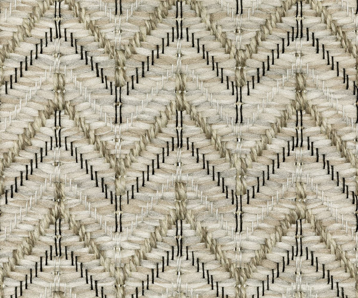 Close-up view of the Oriental Weavers Tortuga / TR09A Rug, showcasing its chevron zigzag pattern in beige and black threads. The detailed texture and stitching highlight the woven fabric, expertly crafted from easy-care polypropylene for lasting durability.