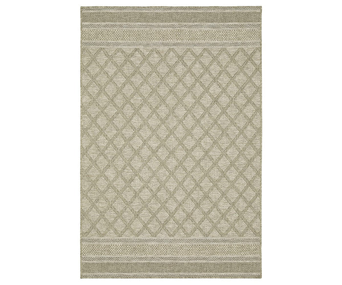 The Oriental Weavers Tortuga / TR10A Rug in Beige/Multi features a diamond lattice center pattern with multiple decorative horizontal borders along the top and bottom. Power-loomed from durable polypropylene, this area rug combines stylish design with long-lasting performance for any space.