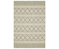 The Oriental Weavers Tortuga / TR11A Rug in Beige/Multi features a rectangular shape with green geometric patterns, including rows of triangles and stripes that create a symmetrical, modern look. Made from easy-care polypropylene, this rug offers both style and practicality for any space.