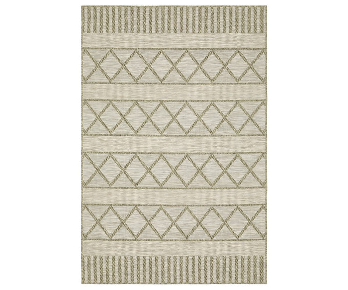 The Oriental Weavers Tortuga / TR11A Rug in Beige/Multi features a rectangular shape with green geometric patterns, including rows of triangles and stripes that create a symmetrical, modern look. Made from easy-care polypropylene, this rug offers both style and practicality for any space.