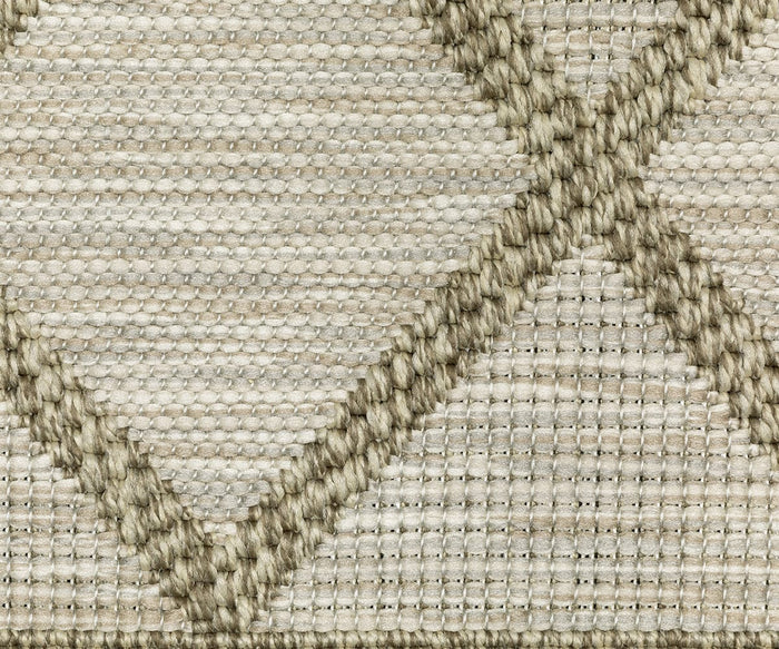 Close-up of the Oriental Weavers Tortuga / TR11A Rug, showcasing a textured beige and light brown woven design with a prominent diamond pattern crafted from thicker yarns over a grid-like background. Made from easy-care polypropylene, this rug blends durability and style for any space.