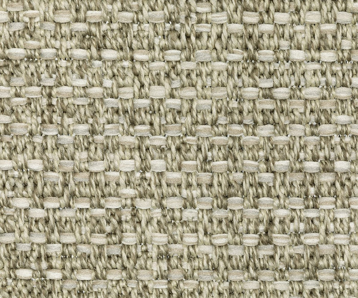 Close-up of the Oriental Weavers Tortuga / TR12A Rug, featuring a beige woven fabric texture from the Tortuga Collection. The image highlights an interlaced pattern of thick and thin threads in a grid-like structure. The tightly woven fibers have a slightly rough feel, reflecting the durable and easy-care nature of this power-loomed polypropylene rug.