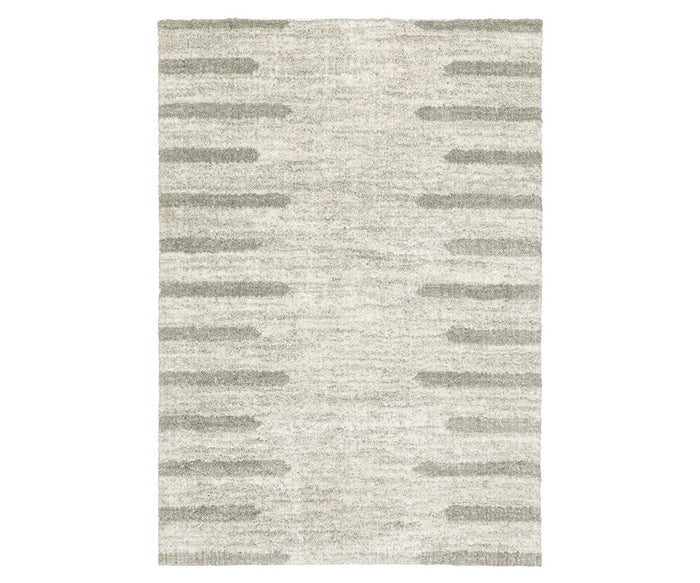 The Oriental Weavers Verona / 5605HG Rug in Grey/Multi features a simple, repetitive pattern of darker gray horizontal lines along the longer edges, leaving the center mostly plain. Crafted from soft polyester microfiber, this rug showcases a minimal and modern design in a neutral color palette.