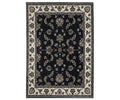 Presenting the Oriental Weavers Vivian / VI01B Rug in a multi-color palette, this rectangular area rug features a Persian-inspired design with a rich black center, intricate floral and vine patterns in gold, blue, and green hues, and is framed by a wide cream border adorned with coordinating decorative motifs. Crafted from soft microfiber polyester, this traditional rug blends timeless elegance with modern durability.