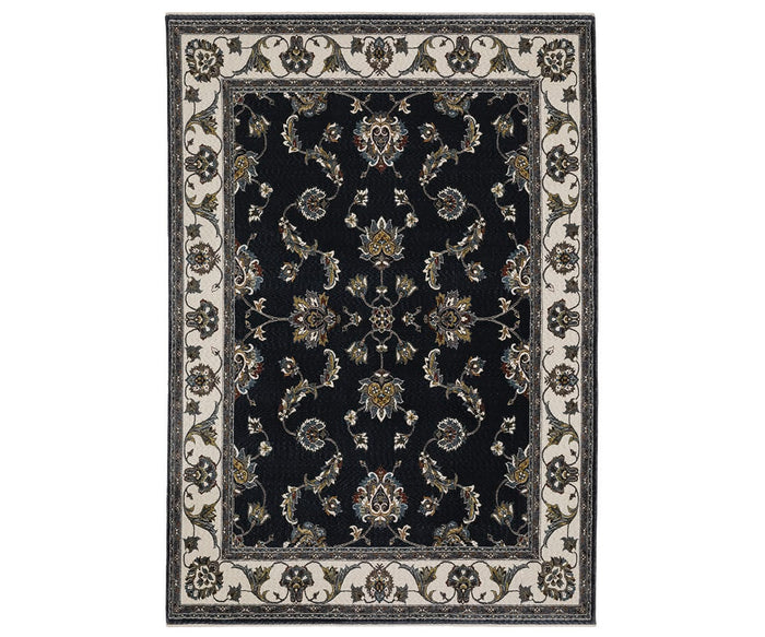 Presenting the Oriental Weavers Vivian / VI01B Rug in a multi-color palette, this rectangular area rug features a Persian-inspired design with a rich black center, intricate floral and vine patterns in gold, blue, and green hues, and is framed by a wide cream border adorned with coordinating decorative motifs. Crafted from soft microfiber polyester, this traditional rug blends timeless elegance with modern durability.