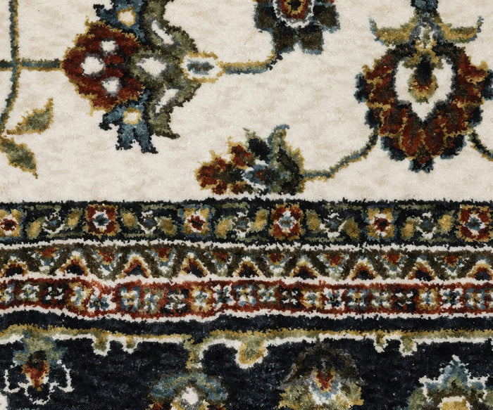Close-up of the Oriental Weavers Vivian / VI02B Rug, featuring intricate floral and geometric patterns in shades of red, green, gold, and navy on a cream background, expertly crafted from soft microfiber polyester for lasting durability and comfort.