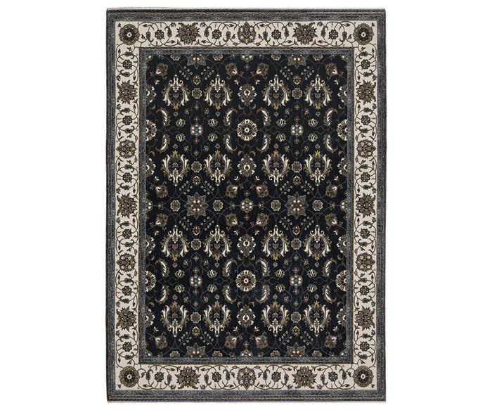 Introducing the Oriental Weavers Vivian / VI03A Rug: Featuring a multi-colored palette with a black background, intricate beige and brown floral patterns, and a wide cream border adorned with coordinating designs, this elegant rug draws inspiration from classic Persian motifs. Crafted from soft microfiber polyester, it brings timeless sophistication and traditional charm to any space.
