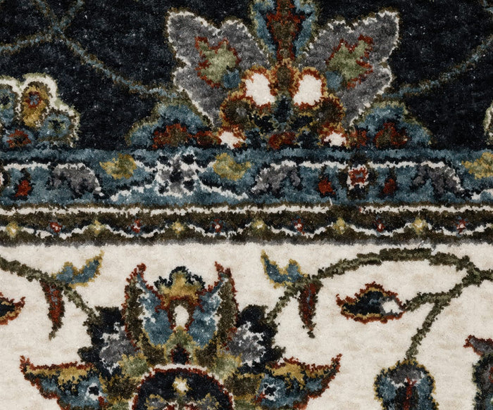 Close-up of the Oriental Weavers Vivian / VI03A Rug, featuring intricate floral patterns in blue, green, cream, and red tones on both dark and light backgrounds. Expertly crafted from soft microfiber polyester for lasting comfort, its traditional color palette captures the timeless elegance of Persian-inspired rugs.