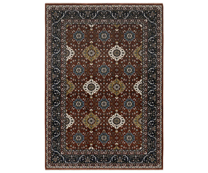 The Oriental Weavers Vivian / VI04B Rug in Multi features a rectangular design with a dark brown background and a repeating geometric floral motif in shades of blue, gold, white, and black. An intricate decorative border surrounds the pattern, while soft microfiber polyester construction offers comfort underfoot. The traditional color palette lends the rug a Persian-inspired aesthetic.