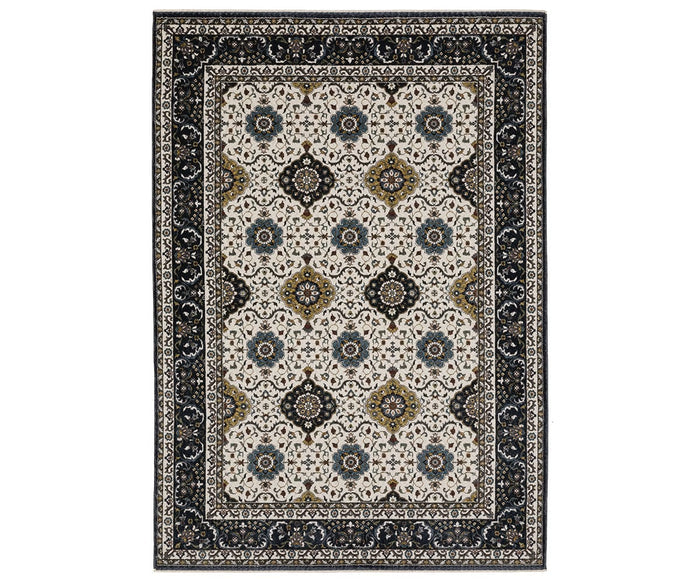 The Oriental Weavers Vivian / VI04D Rug features a rectangular Persian-style design with an ivory background adorned with intricate floral and geometric patterns in shades of blue, gold, black, and more. Its detailed black border displays repeating motifs, making this multi-colored rug a standout piece from our Persian-inspired rugs collection and offering timeless elegance to any space.