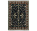 The Oriental Weavers Vivian / VI05A Rug features a rectangular shape with a dark navy background, adorned with intricate beige and gold floral and geometric patterns. Its wide red and white decorative border adds an elegant touch, blending traditional Persian-inspired design elements with a classic, timeless color palette in multi tones.