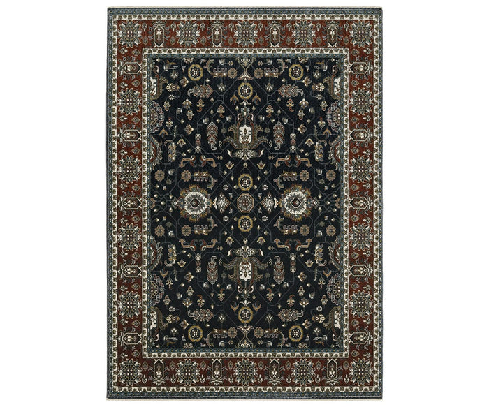 The Oriental Weavers Vivian / VI05A Rug features a rectangular shape with a dark navy background, adorned with intricate beige and gold floral and geometric patterns. Its wide red and white decorative border adds an elegant touch, blending traditional Persian-inspired design elements with a classic, timeless color palette in multi tones.