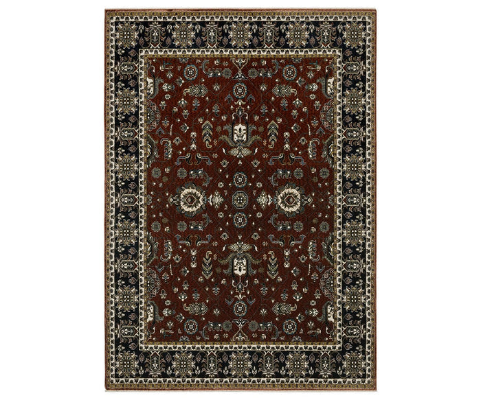 The Oriental Weavers Vivian / VI05X Rug features a rectangular design crafted from microfiber polyester, with a multi-colored palette that includes a dark red center, intricate floral and geometric patterns, and a decorative black and cream border. Its symmetrical layout is adorned with traditional Persian carpet motifs, resulting in an elegant Persian-inspired rug that showcases a timeless, sophisticated aesthetic.