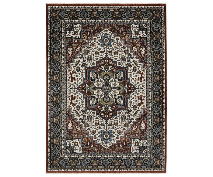 The Oriental Weavers Vivian / VI06A Rug showcases a rectangular, Persian-inspired design with a central floral medallion, intricate multi-colored patterns, and multiple decorative borders. Crafted from durable microfiber polyester, this rug blends timeless traditional elegance with modern comfort.