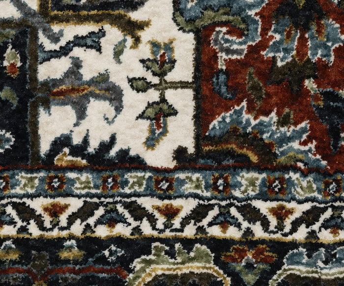 Close-up of the Oriental Weavers Vivian / VI06A Rug, featuring intricate floral and geometric motifs in shades of blue, red, green, black, and white. Inspired by the elegance of Persian designs, the richly textured fibers and detailed patterns are clearly visible.