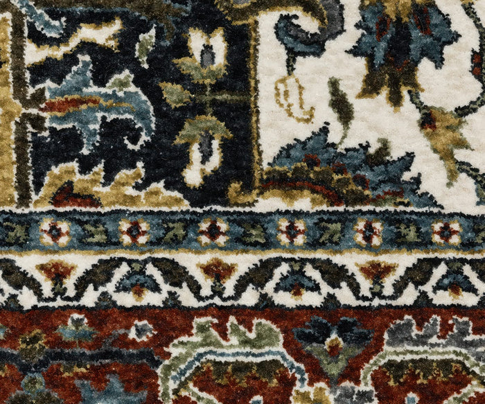 Close-up of the Oriental Weavers Vivian / VI06C Rug, featuring intricate floral and geometric patterns in red, blue, black, green, beige, and white. The visible texture of the rug’s fibers highlights the exquisite craftsmanship and detail characteristic of Persian-inspired designs.