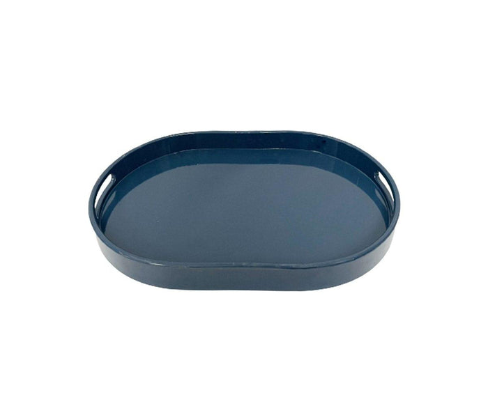 The Oval Lacquer Tray features a dark blue finish in an oval shape, with raised edges and cutout handles on the sides, and is displayed against a white background.