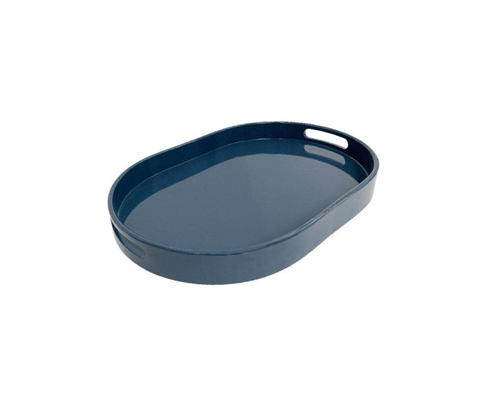 The Oval Lacquer Tray is a blue, oval-shaped tray featuring raised edges and two handle cutouts on opposite sides, displayed against a white background.