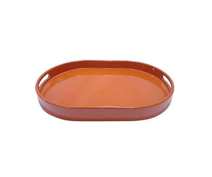 An Oval Lacquer Tray in a glossy rust finish, featuring an oval shape with raised edges and built-in handles on both sides, displayed on a white background.