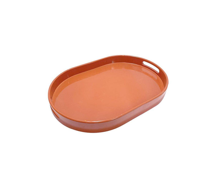 The Oval Lacquer Tray is a brown, oval-shaped plastic tray featuring a smooth surface and two cut-out handles on the sides; both practical and stylish, it is displayed against a white background.