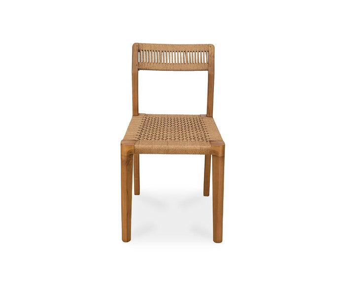 The Pablo Dining Chair in Natural Teak, featuring a woven seat and backrest, is shown from the front against a white background.