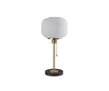 The Patina Table Lamp features a round, fluted pattern frosted glass lampshade, a brass stand, and a black circular base with a convenient pull chain switch. Shown here in the Black/Brass colorway against a white background.