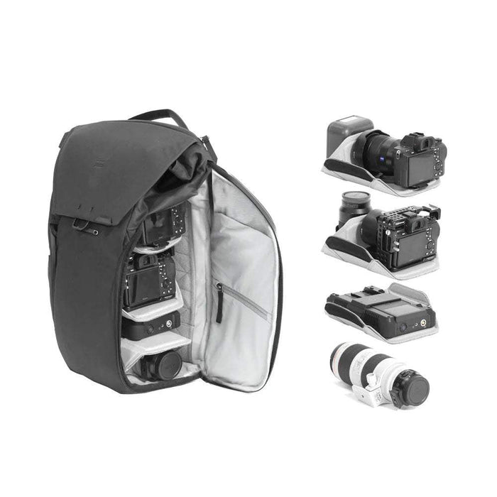 Peak Design Everyday Backpack v2 30L open with organized camera gear and lenses inside and outside compartments