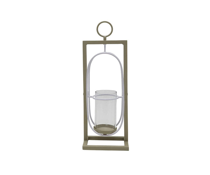 Handcrafted in India, the Pearlie Lantern is a modern rectangular candle holder made from recycled aluminum, featuring an oval frame in a White/Multi finish and a glass container for your candle. A circular handle tops this elegant, eco-conscious piece, blending sophisticated design with sustainable craftsmanship.
