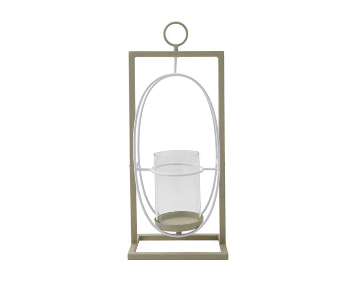 The Pearlie Lantern is a modern piece, featuring a white and multi-colored design with a clear glass candle holder suspended at its center. Handcrafted in India from recycled aluminum, it includes a circular handle on top for convenient carrying or hanging.