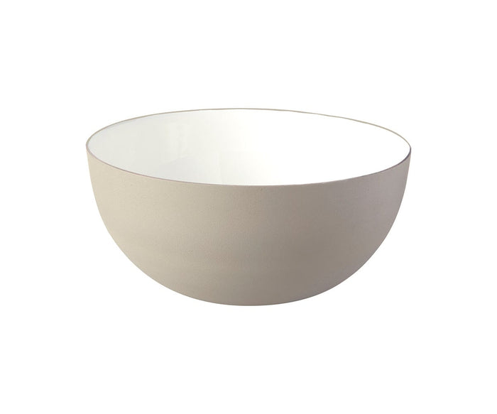 A simple, round Pearlie Large Bowl in a White/Multi color, handcrafted in India with a smooth ceramic surface and a white interior, displayed against a plain white background.