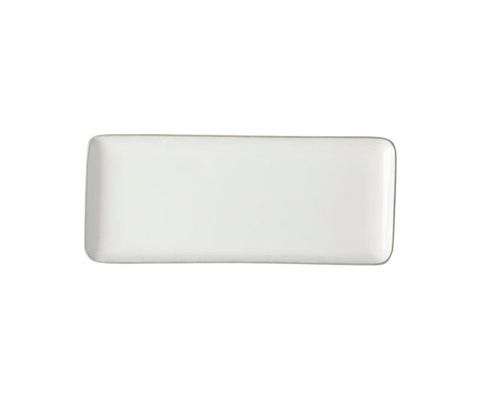 The Pearlie Platter is a handcrafted, rectangular ceramic serving piece in white/multi with gently rounded corners, made in India and displayed against a white background.
