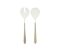 The Pearlie Serving Set features two handcrafted serving utensils—one solid spoon and one slotted spoon for salads—with recycled aluminum handles and white heads, shown side by side on a white background. Made in India, this elegant White/Multi set blends sustainable materials with thoughtful design.