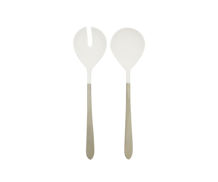 The Pearlie Serving Set features two handcrafted serving utensils—one solid spoon and one slotted spoon for salads—with recycled aluminum handles and white heads, shown side by side on a white background. Made in India, this elegant White/Multi set blends sustainable materials with thoughtful design.