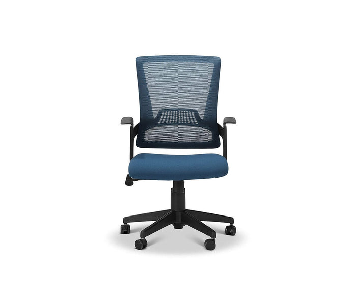 The Pitka Chair is an adjustable height office chair with blue mesh upholstery, armrests, a black wheeled base, and built-in lumbar support, displayed against a plain white background.